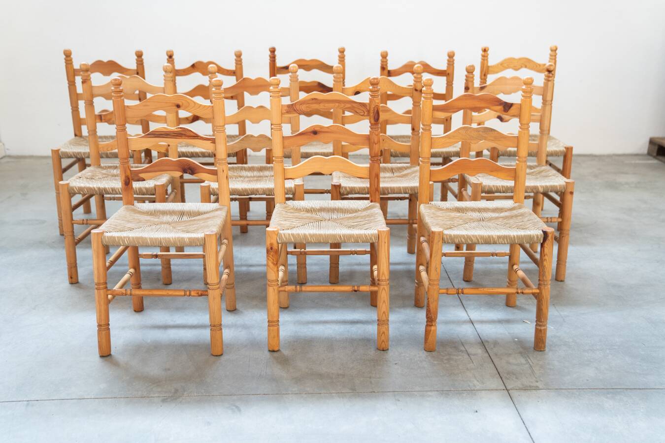 Rustic Friulian chairs with turned legs, set of 12, 1980-1990