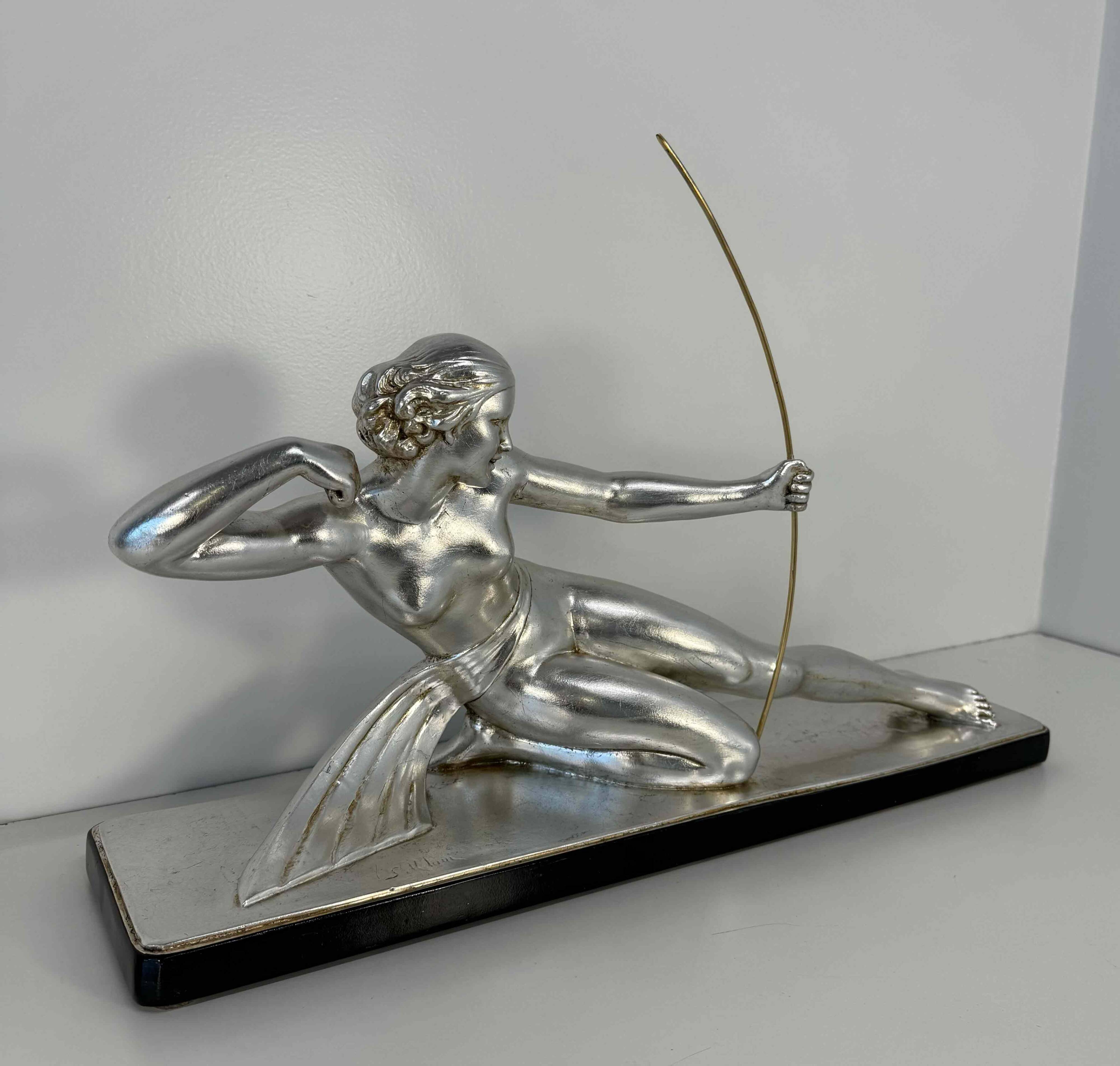 Diana the Huntress Art Deco Silver Leaf Sculpture by Salvatore Melani, 1930