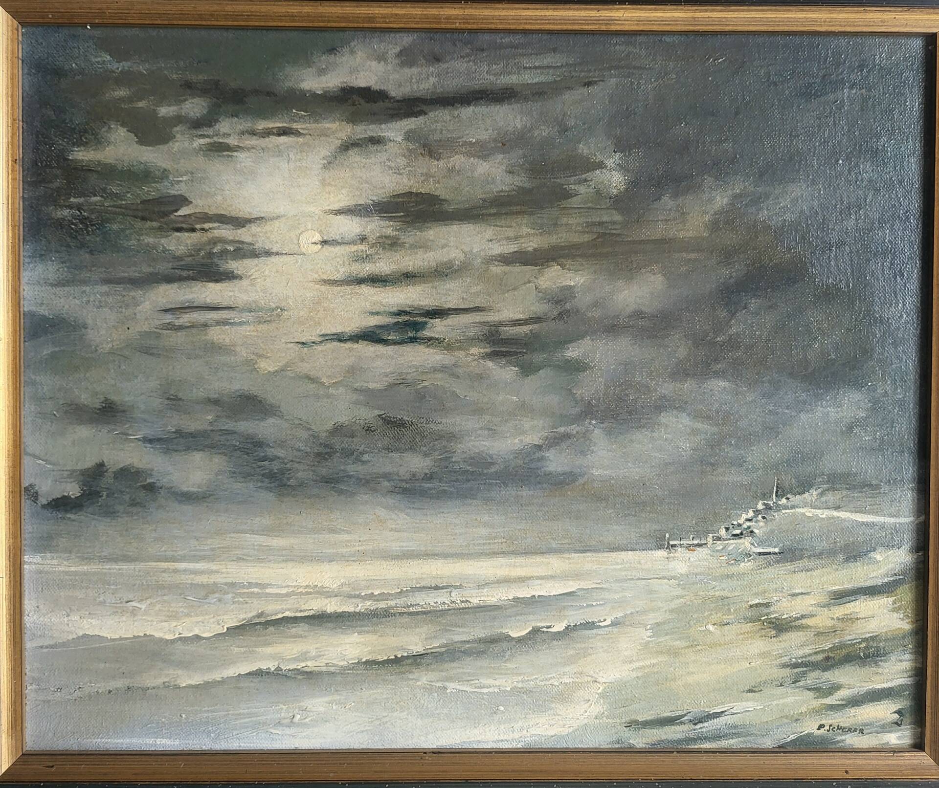 Oil on Panel P. Scherer Moonlit Seascape