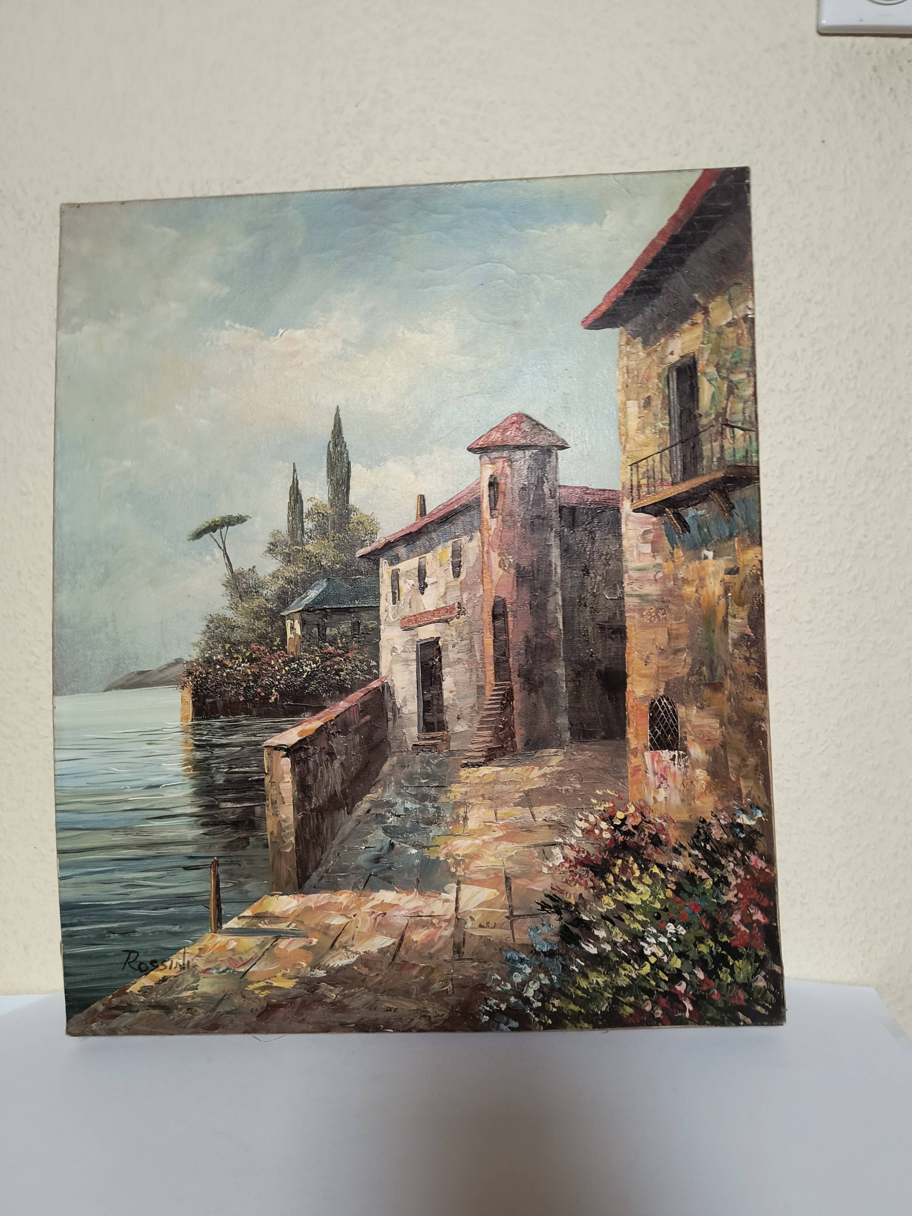 Vintage oil painting "Mediterranean Seaside" – Signed Rossini