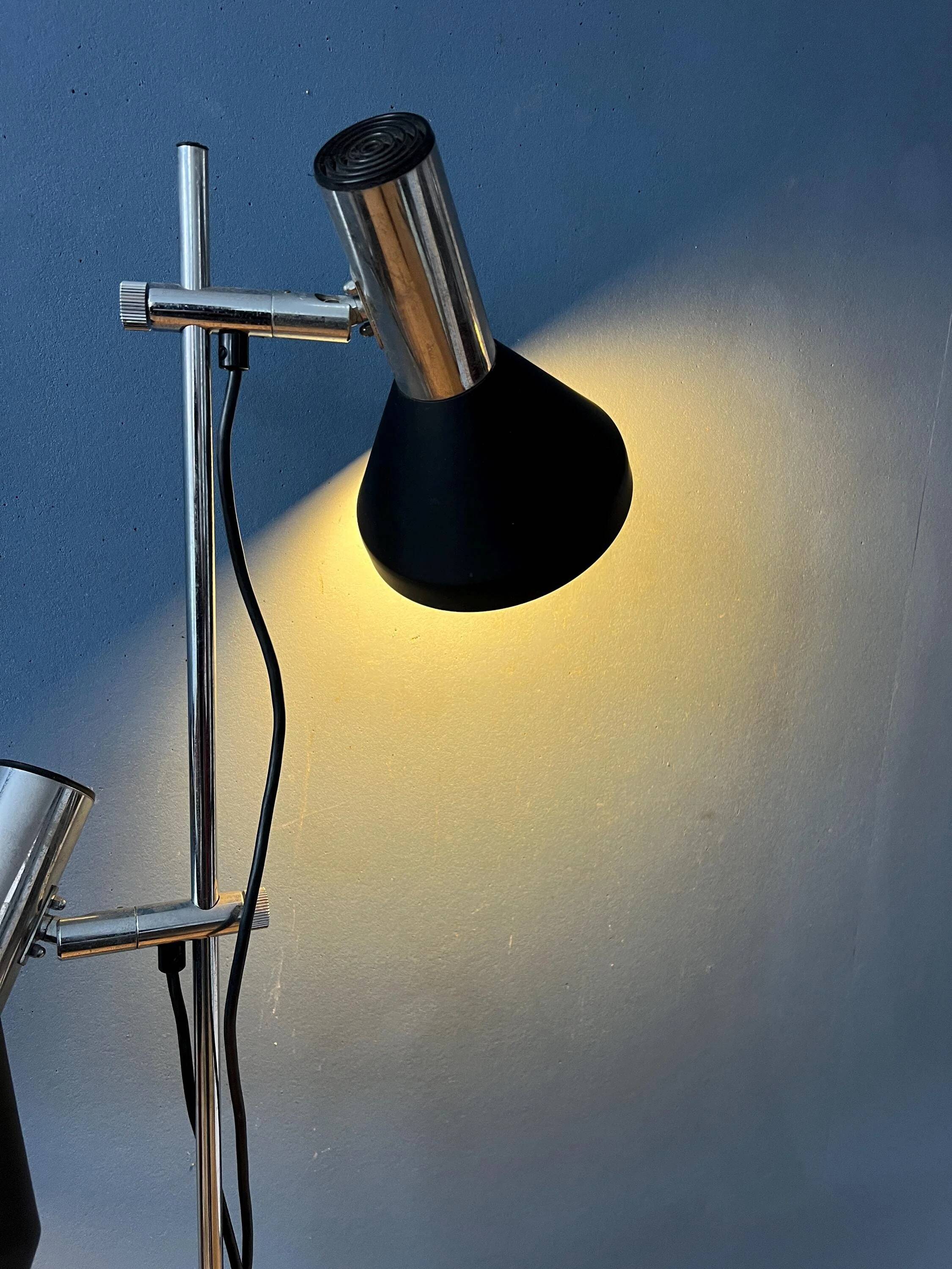 Mid-century black vintage floor lamp with two aluminium spots.