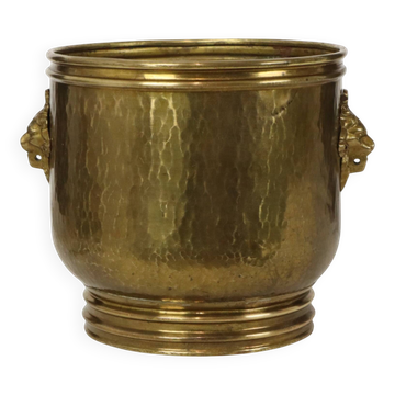 Large Hammered Brass Jardinière/Planter with Lion Heads