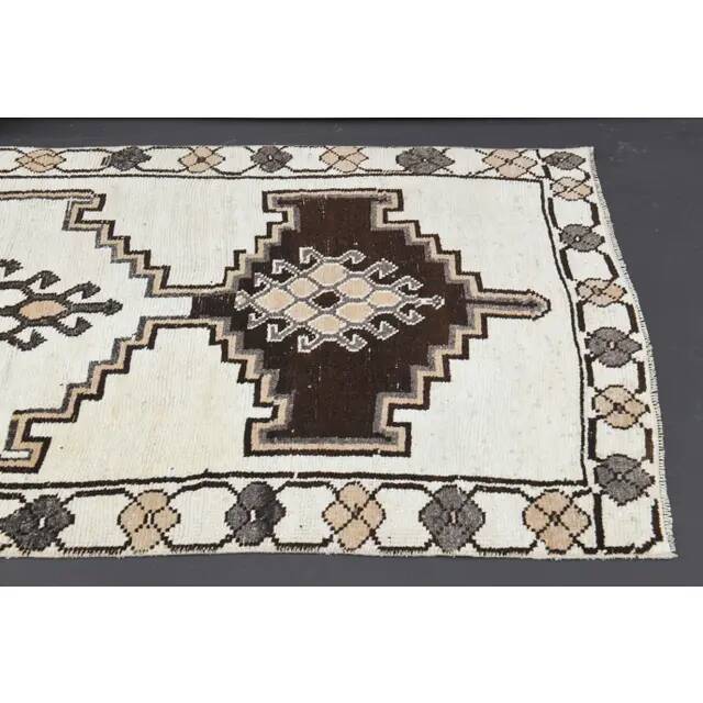 1970s Vintage Turkish Hand-Knotted Wool Cotton White Runner Rug  115x342
