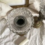 Pair of openwork brass candlesticks and glass bobeches