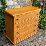 Chest of drawers and bedside table in rattan cane and oak, vintage 1970s