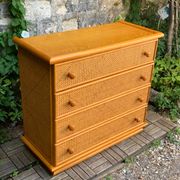 Dresser and its bedside table in rattan caning and vintage oak from the 1970s.