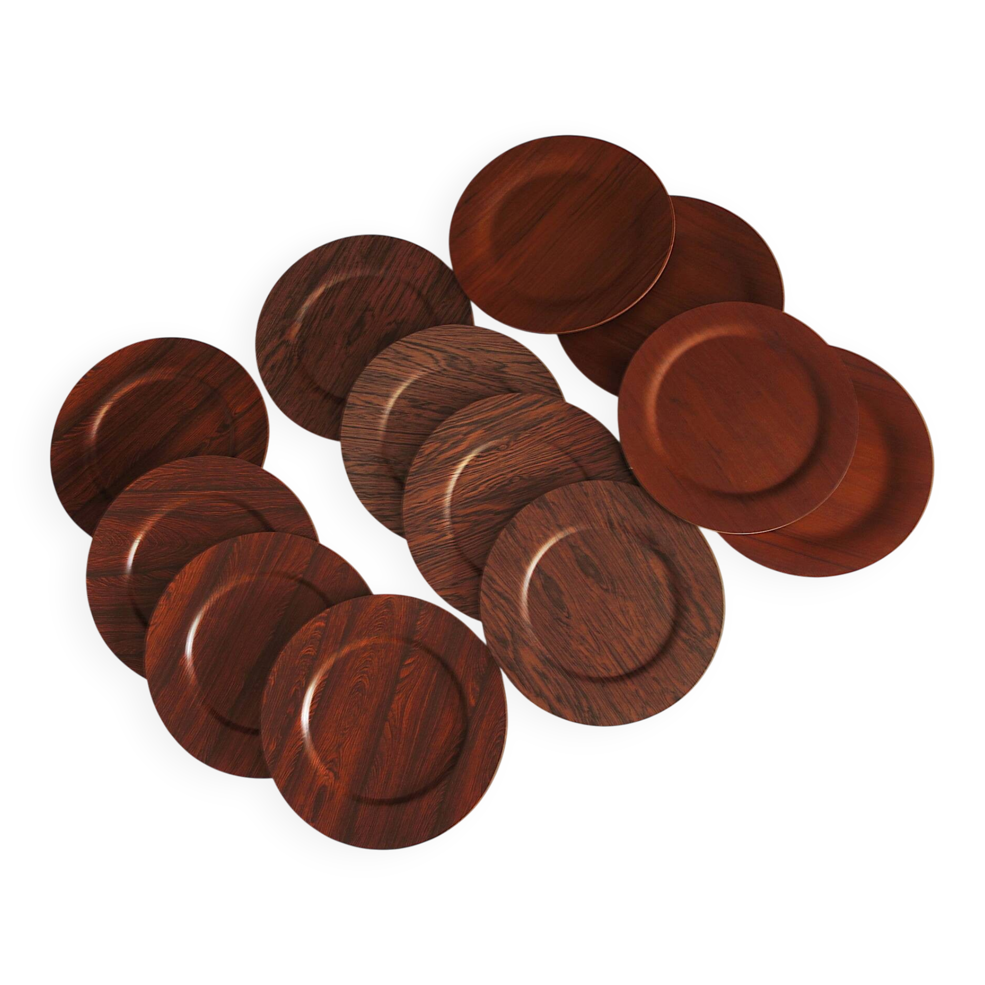 Set of 12 plywood rosewood and teak plates by mossback, Denmark 1960s