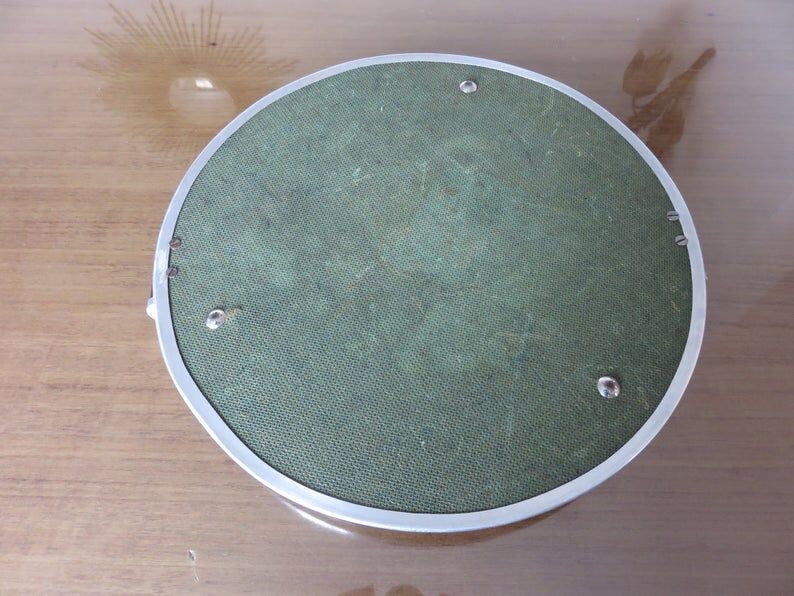 Round aluminum mirror top with wooden handles 40s 50s