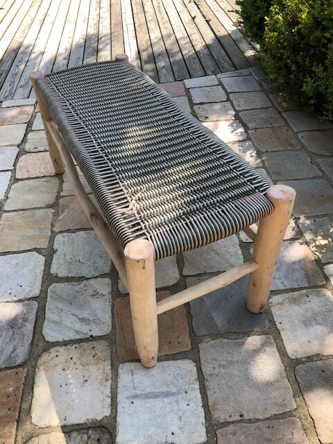 Wooden bench, khaki and beige nylon weave