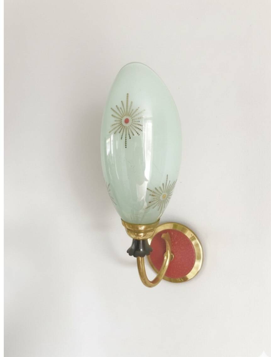 Vintage Mid Century Space Age brass & green opaline wall light Lunel