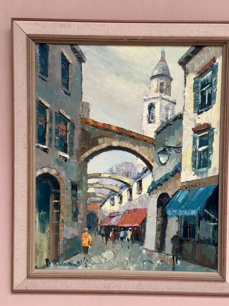 Original Swedish Oil on Canvas –“Market Alley” by B. Komino – Signed – Vintage & Framed –57 × 61 cm