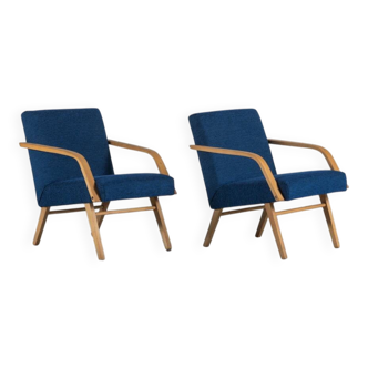 Vintage oak and blue fabric armchairs, Hungary, 1970s, set of 2