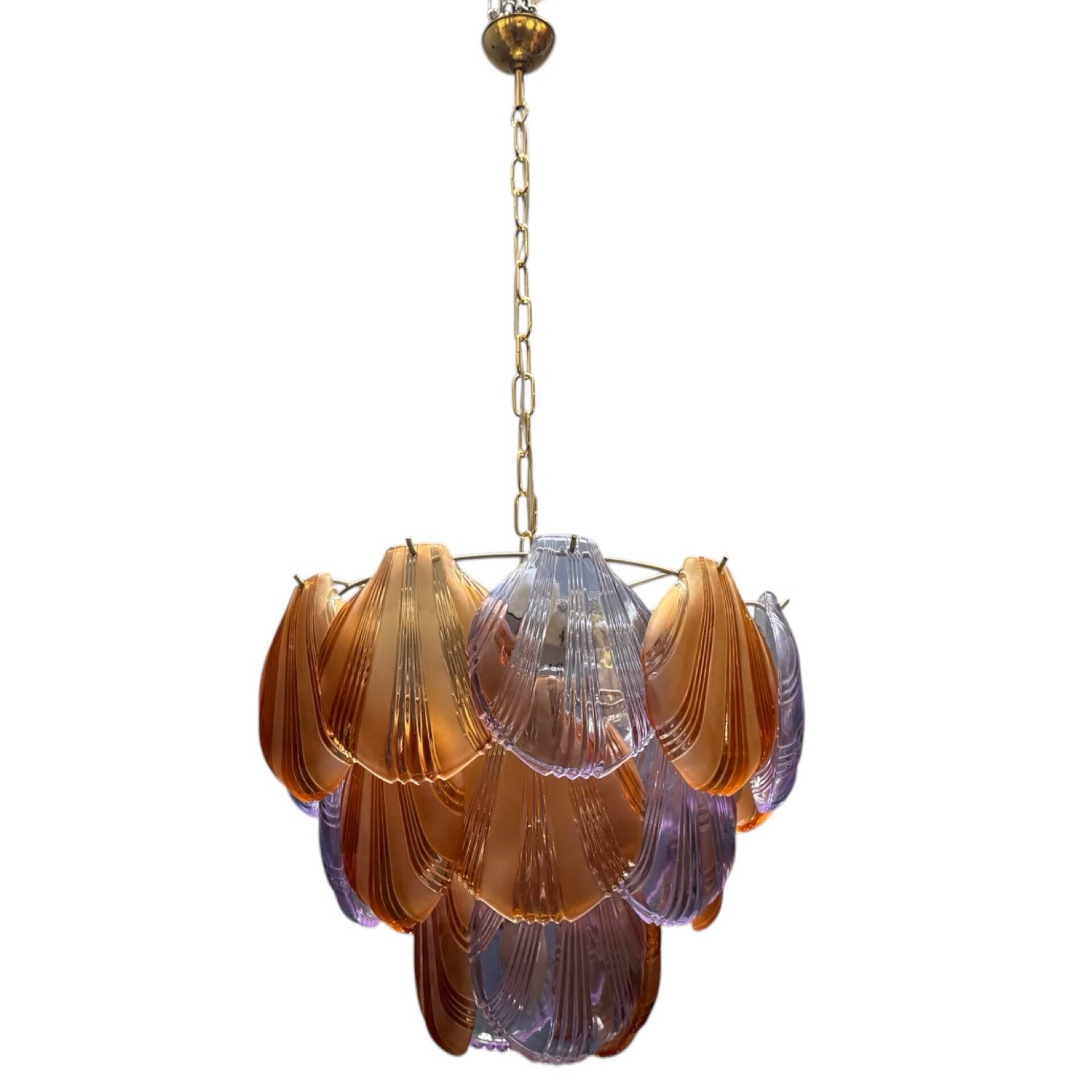 1980s Retro Murano Glass Shell Chandelier in Amber and Lavender, Italy