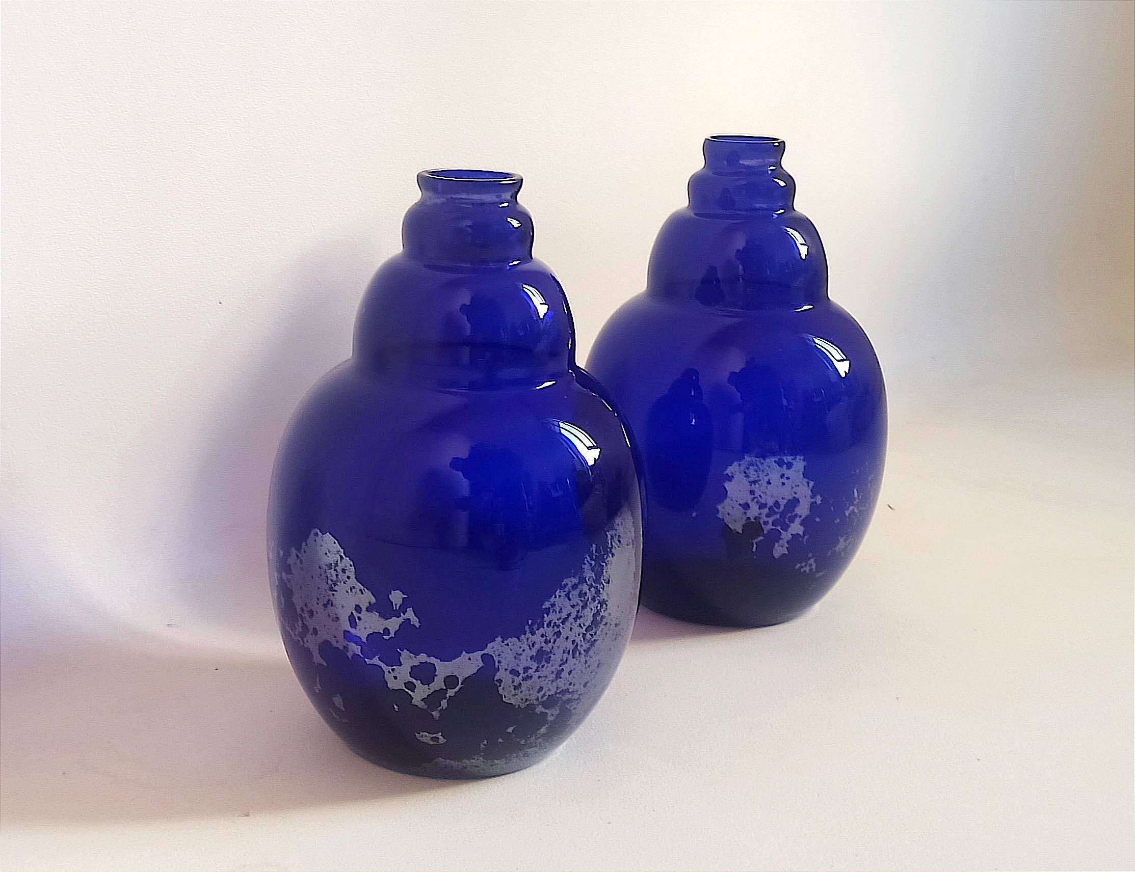Pair of colbat blue art deco vase with silver leaf inclusions height 24 cm