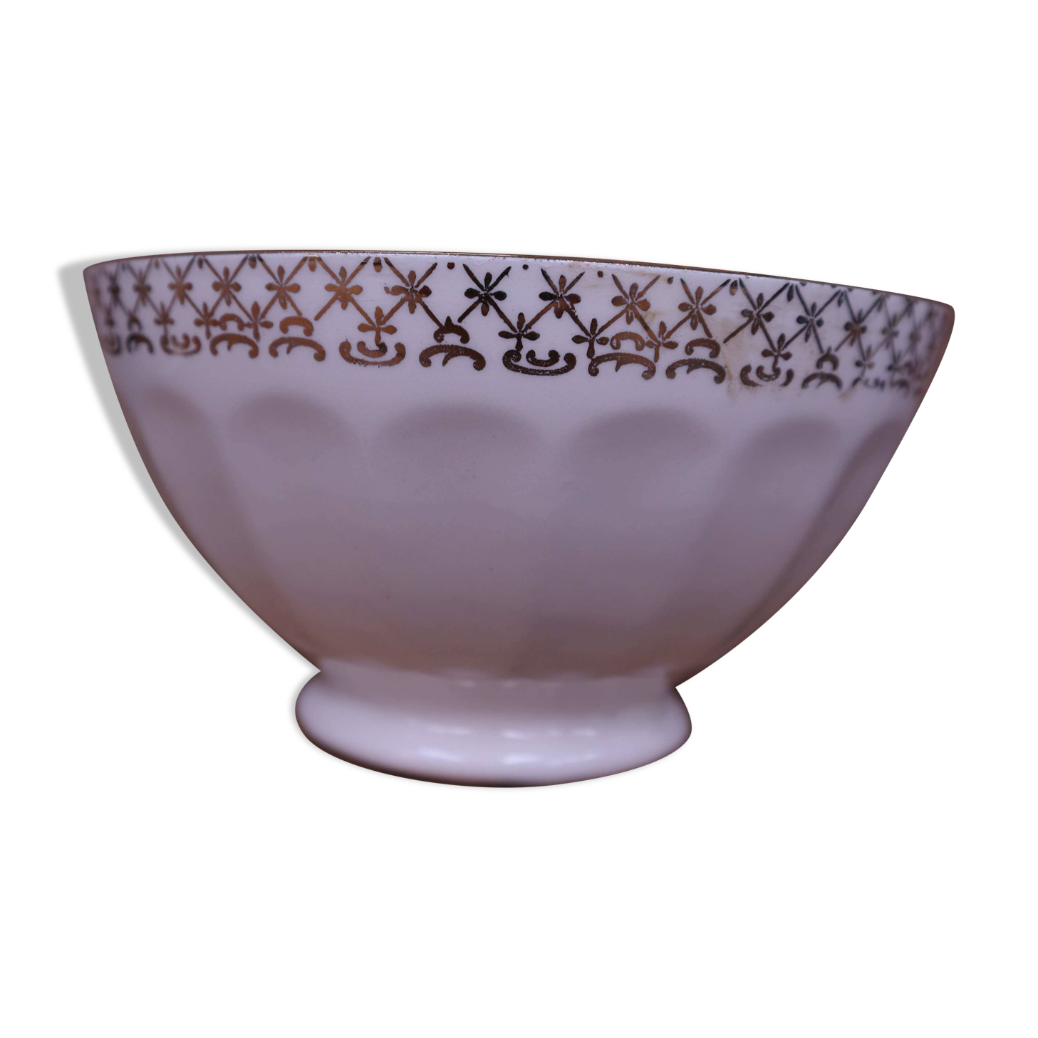 Antique white ribbed porcelain bowl with gold frieze