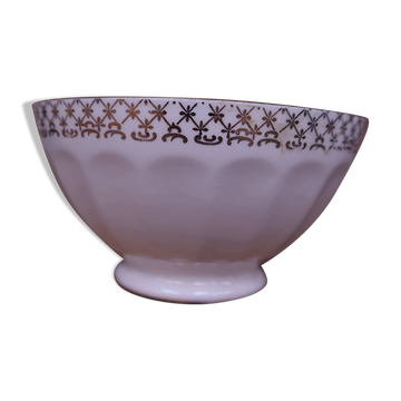 Ancien bol en porcelaine côtelé blanc avec frise dorée