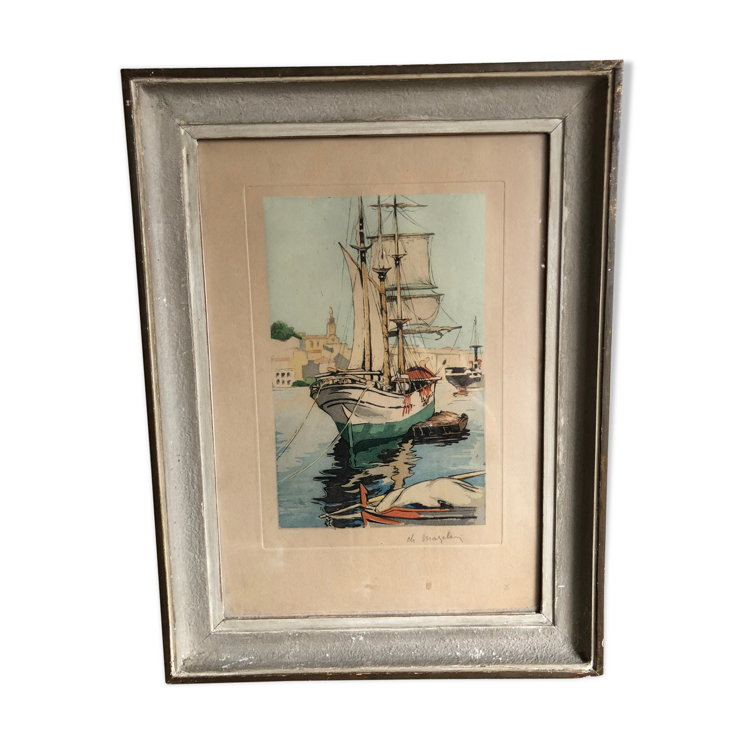 Framed engraving port landscape
