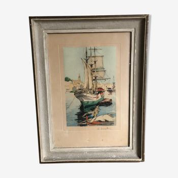 Framed engraving port landscape