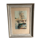 Framed engraving port landscape