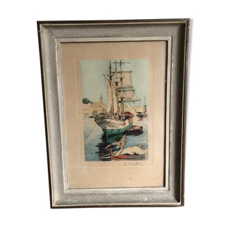 Framed engraving port landscape