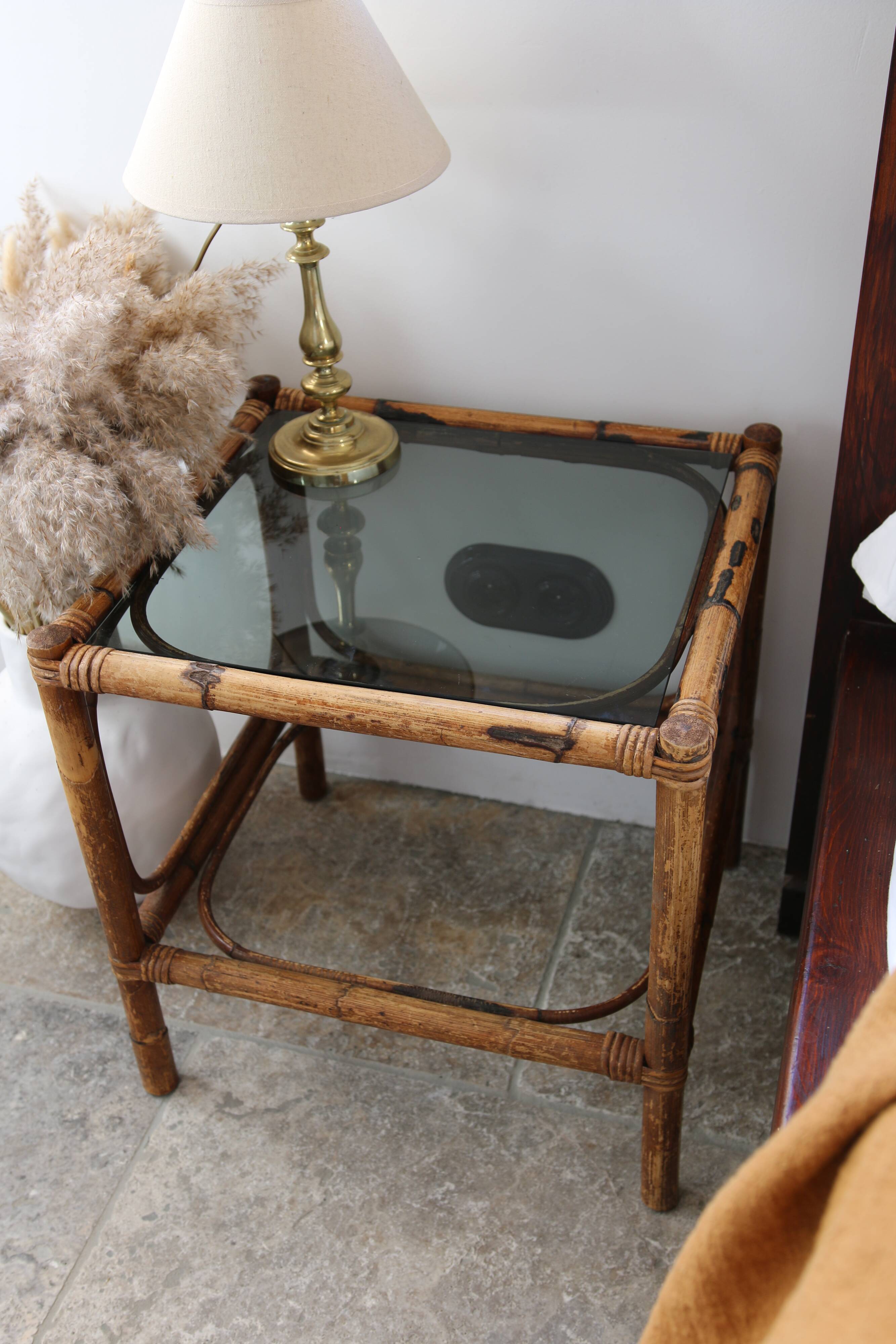 Vintage smoked glass bamboo table