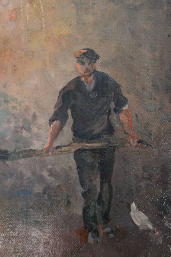 Huile sur isorel ''Deux ouvrier à la presse'' peinture post-impressionniste