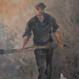 Oil on hardboard "Two workers at the press" post-impressionist painting