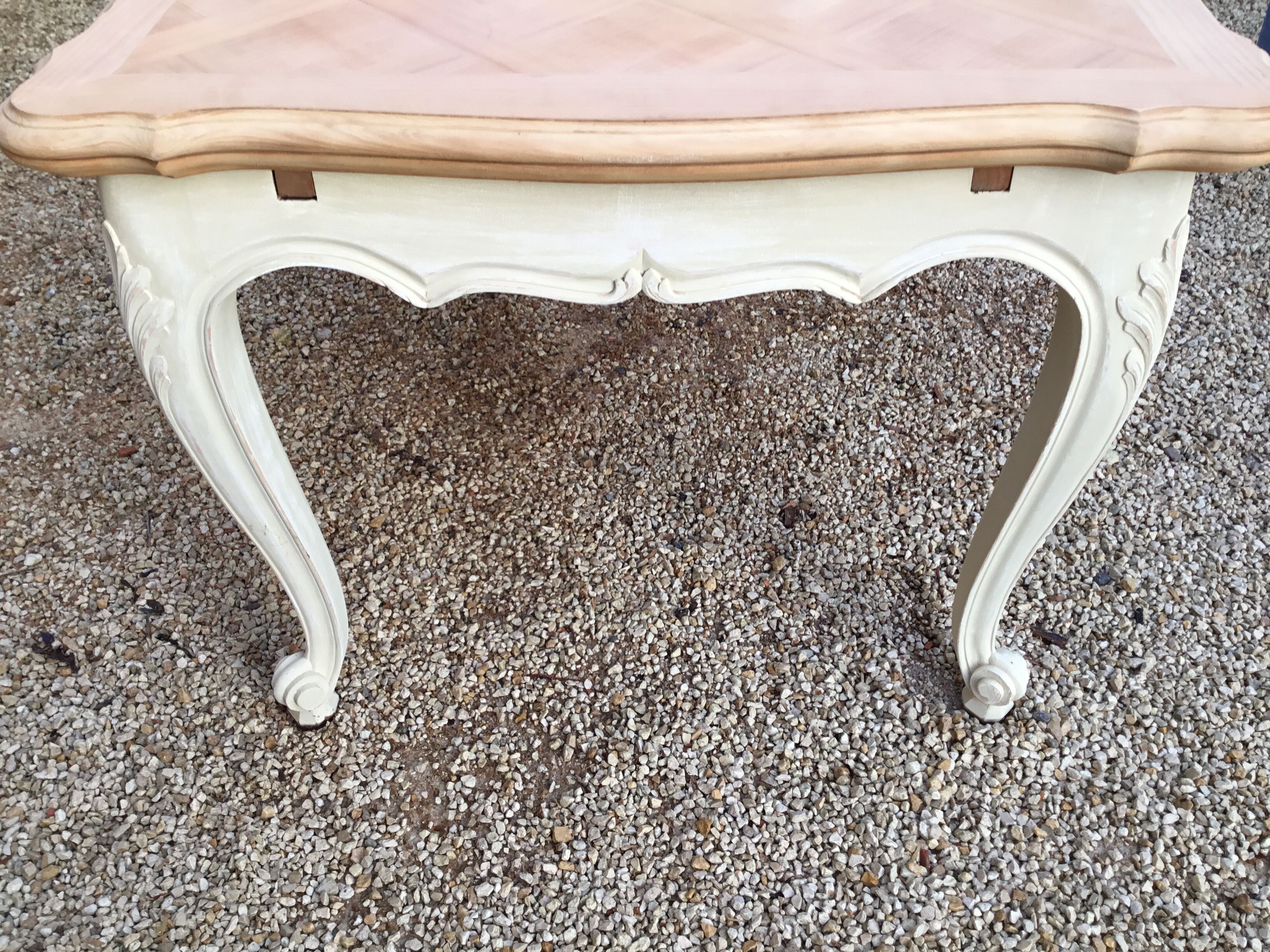 Louis XV style table in cherry wood pickled top and patinated base in light beige