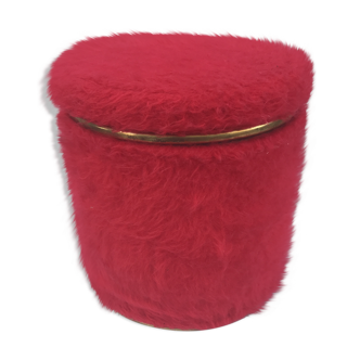 Pouf ancien avec coffre en fourrure rouge des années 70 vintage