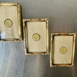 Set of 3 vintage identical gold colored metal picture frames convex glass