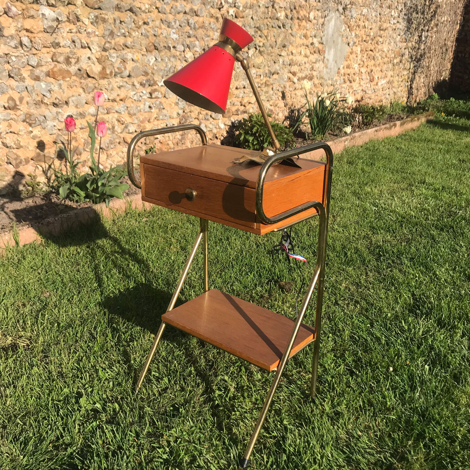 Vintage bedside table 1960 oak and brass