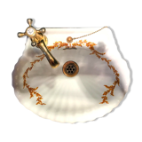VINTAGE SHELL WASHBASIN SET PORCELAIN OF PARIS SHELVES BASIN AND TOWEL RACK