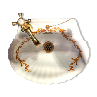 VINTAGE SHELL WASHBASIN SET PORCELAIN OF PARIS SHELVES BASIN AND TOWEL RACK