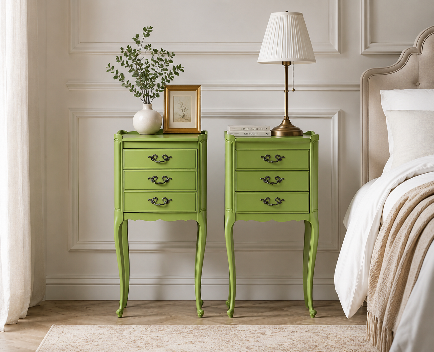 Pair of khaki bedside tables in Louis XV style