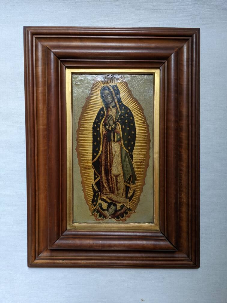 Religious painting the virgin painting on metal handcrafted wooden frame