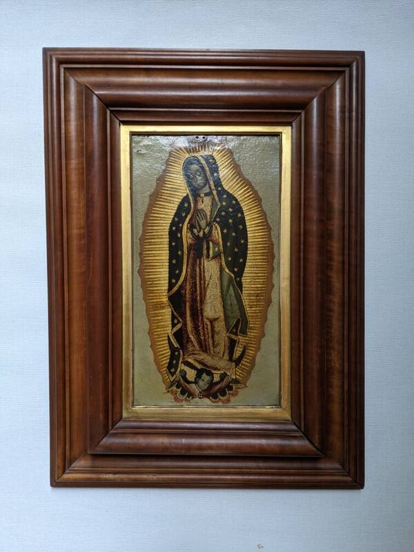 Tableau religieux la vierge peinture sur métal cadre bois artisanal