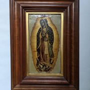 Religious tableau of the Virgin, painting on metal with a handcrafted wooden frame.