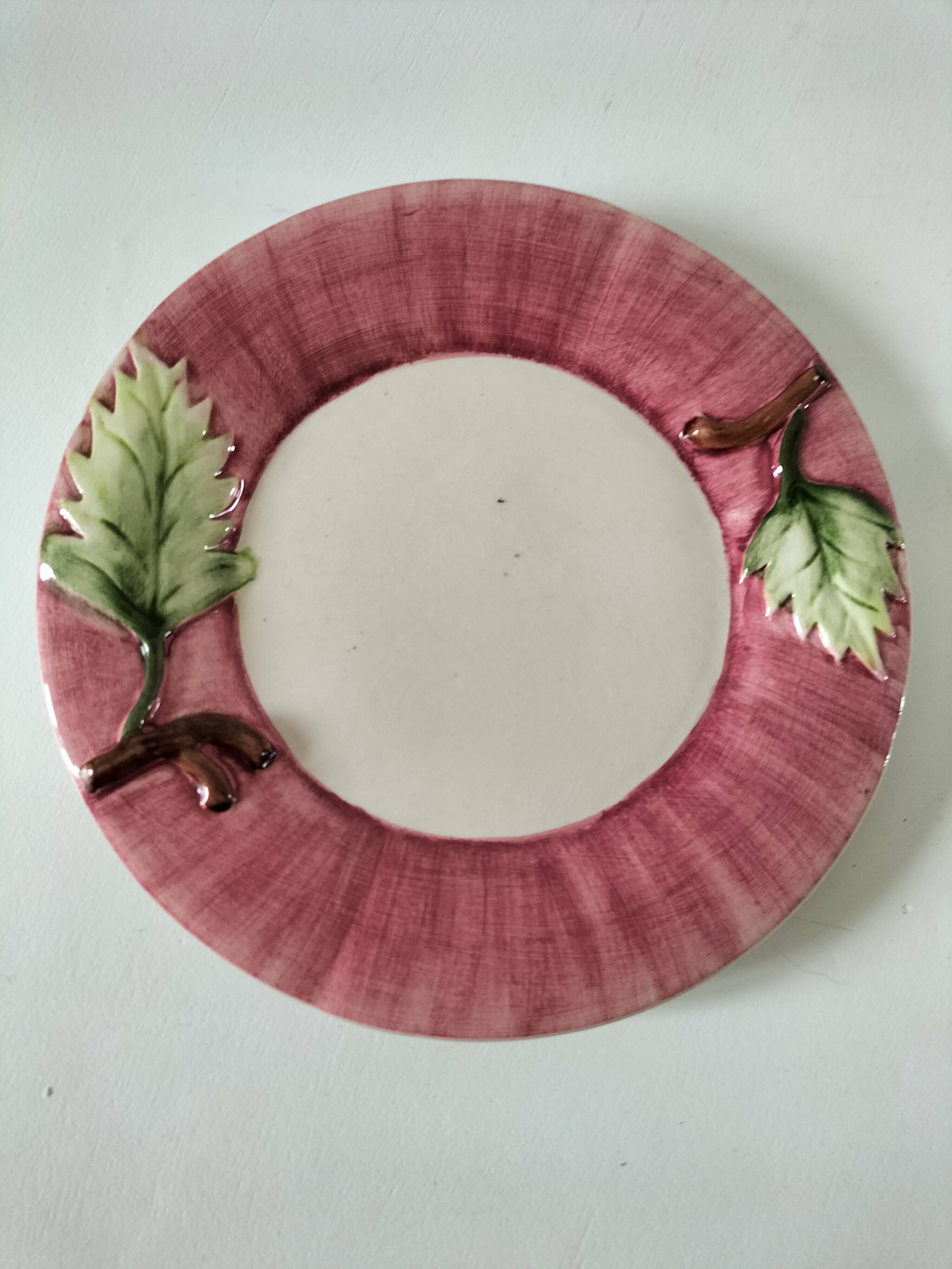 Two vintage leaf barbotine plates