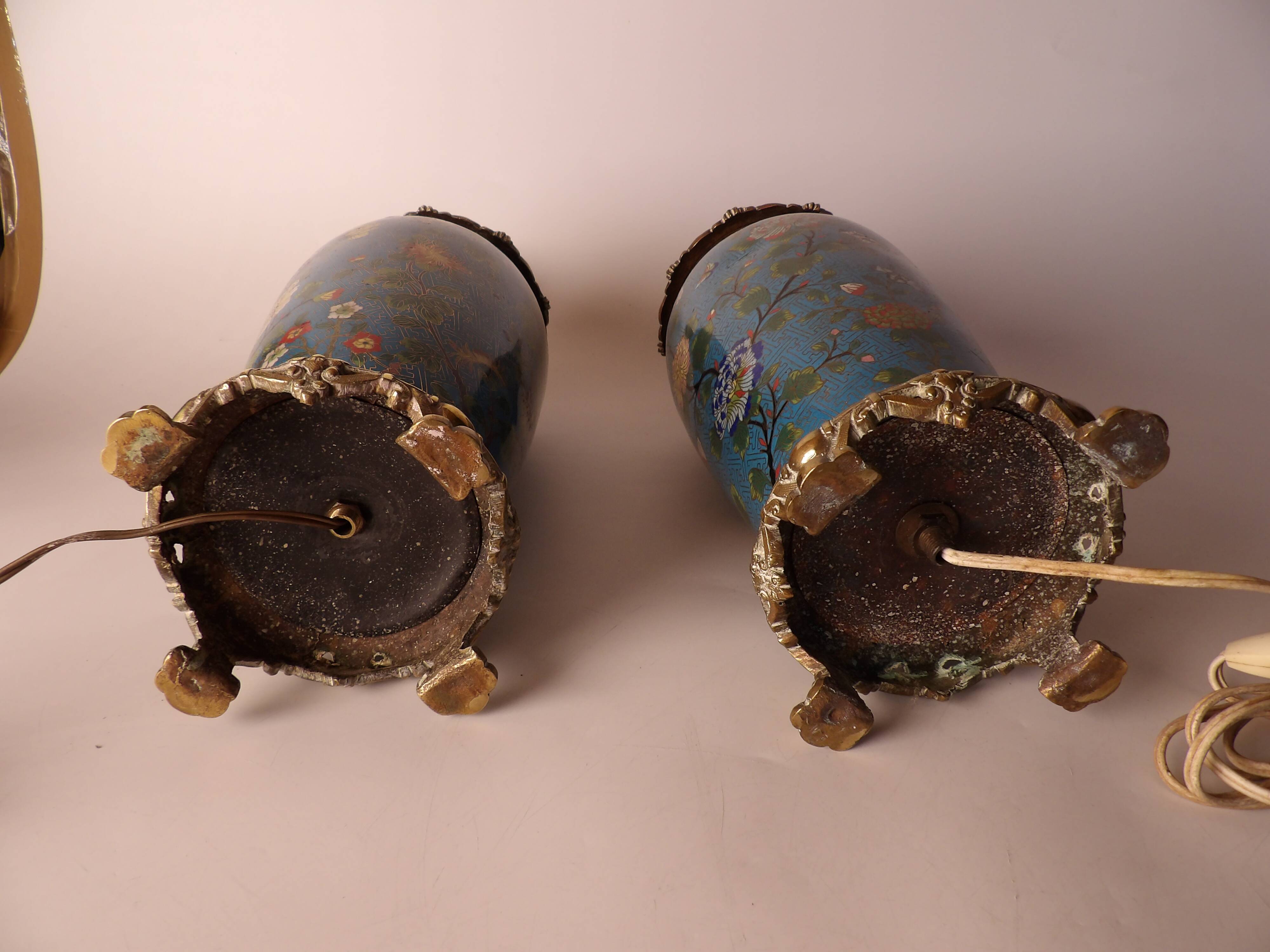 Pair of Asian style lamps in cloisonné and bronze