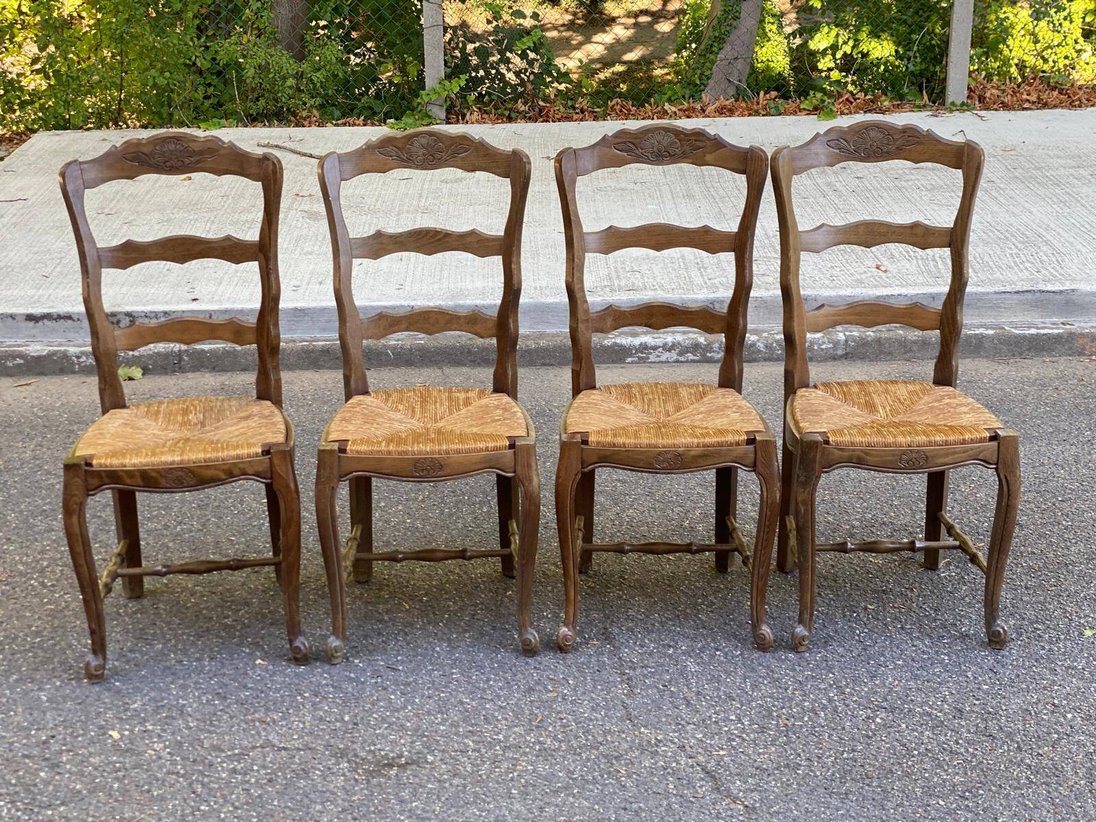 Set of 4 Vintage BAUMANN Chairs in Solid Wood with Rush Seating, Louis XV Style
