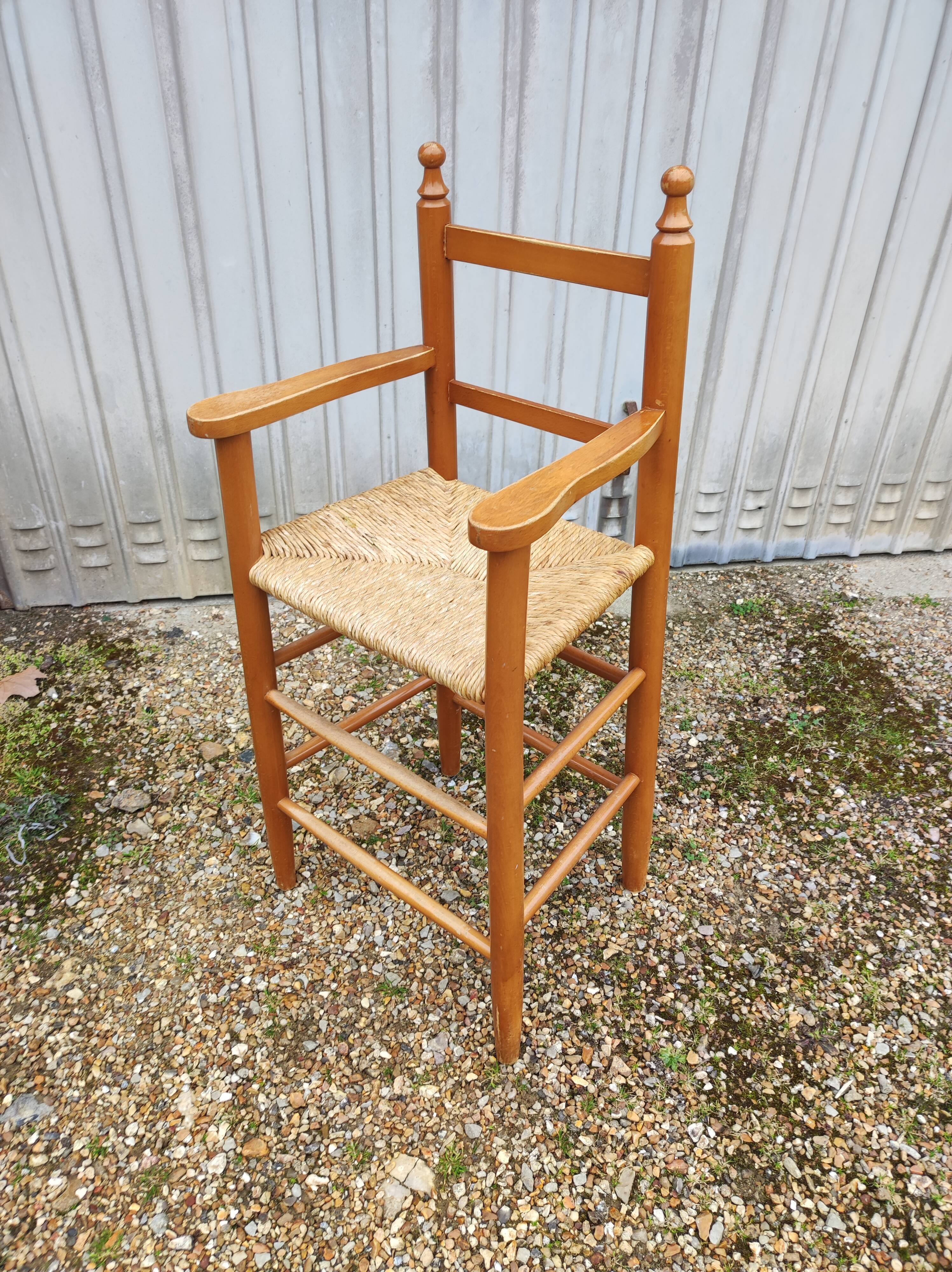 Chair armchair high child wood seat straw vintage