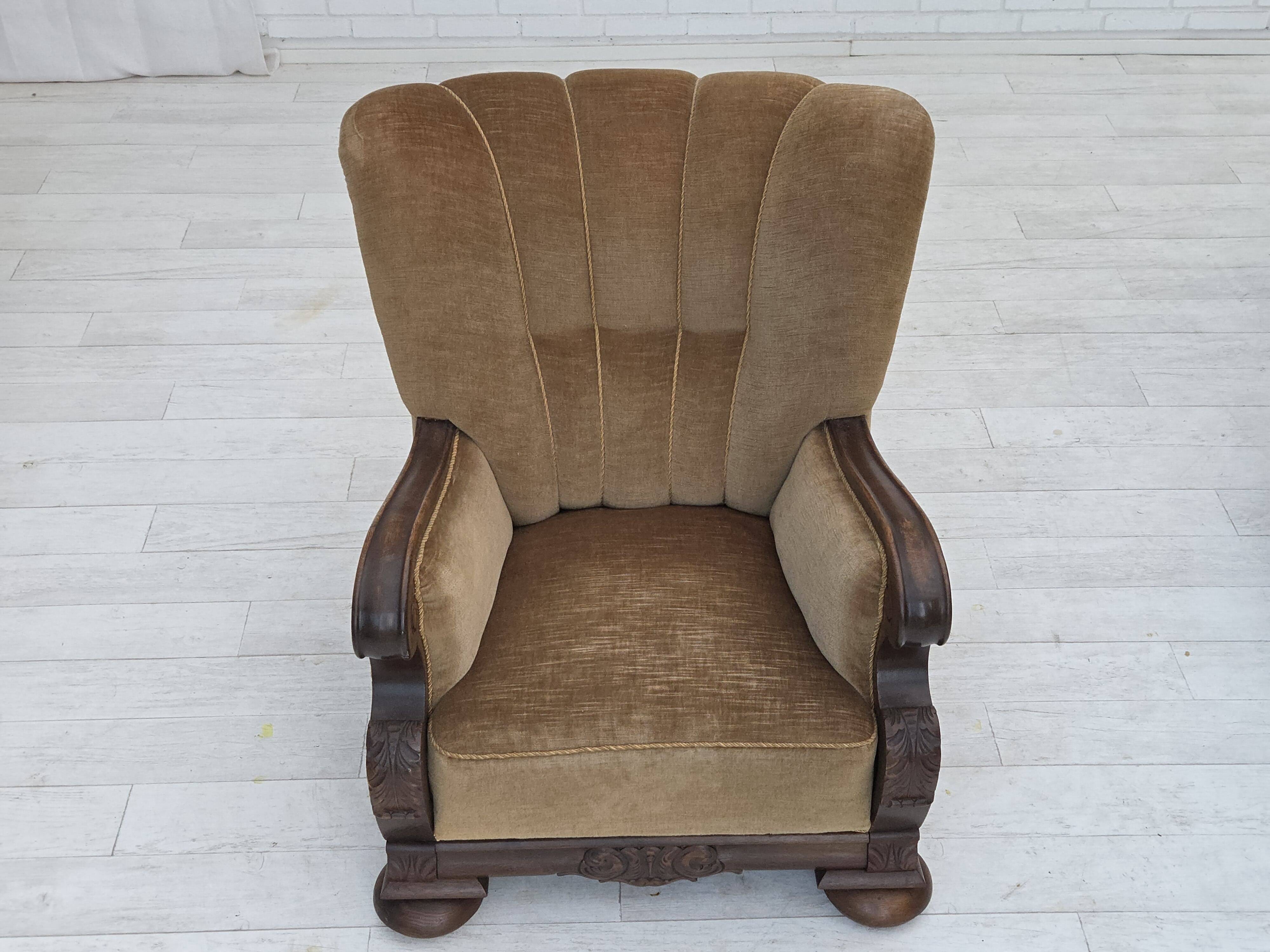 1960s, Danish relax chair, original green furniture velour, oak wood.