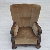 1960s, Danish relax chair, original green furniture velour, oak wood.