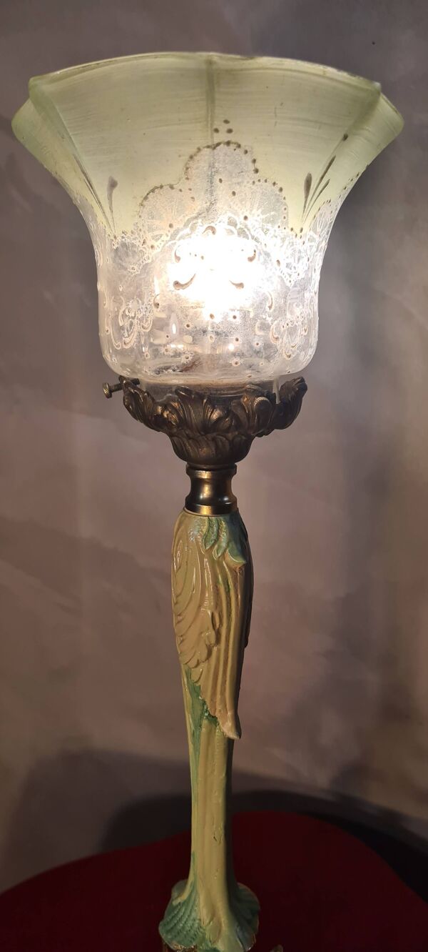 Lampe calice bronze art nouveau tulipe ancienne verre vert d'eau peint