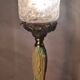 Art Nouveau bronze chalice lamp with antique tulip and painted water green glass