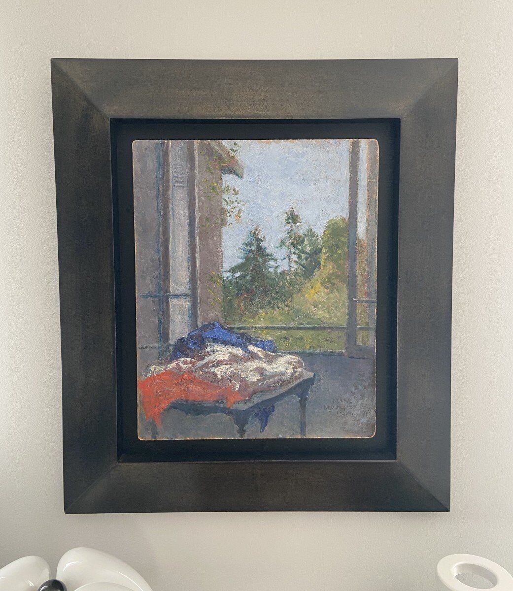 Marc Mouclier (1866-1947) The Flag at the Window, 1942 Oil on Panel Signed and Dated