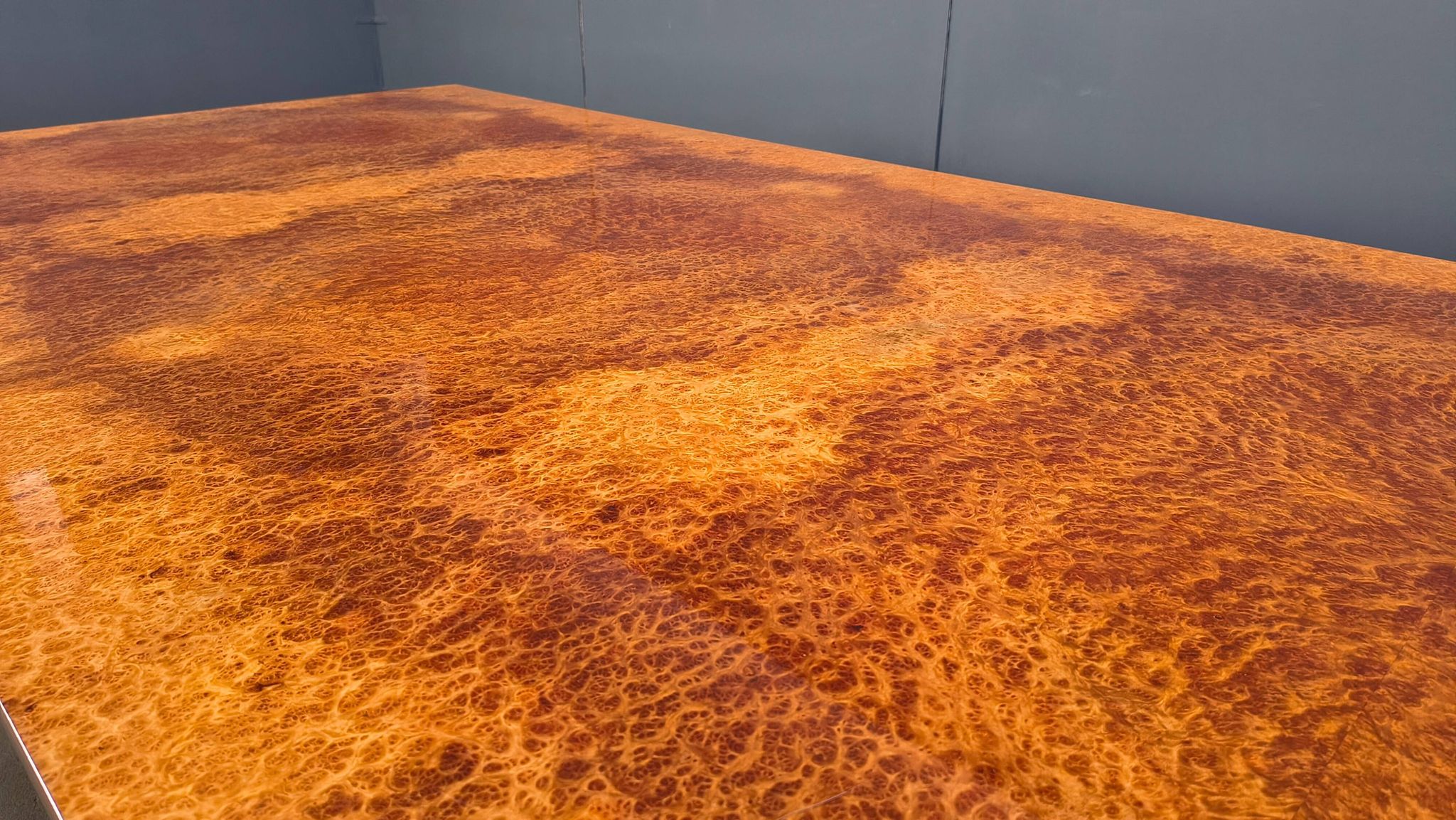 Vintage burl wood and brass dining table by Belgochrom, 1970s