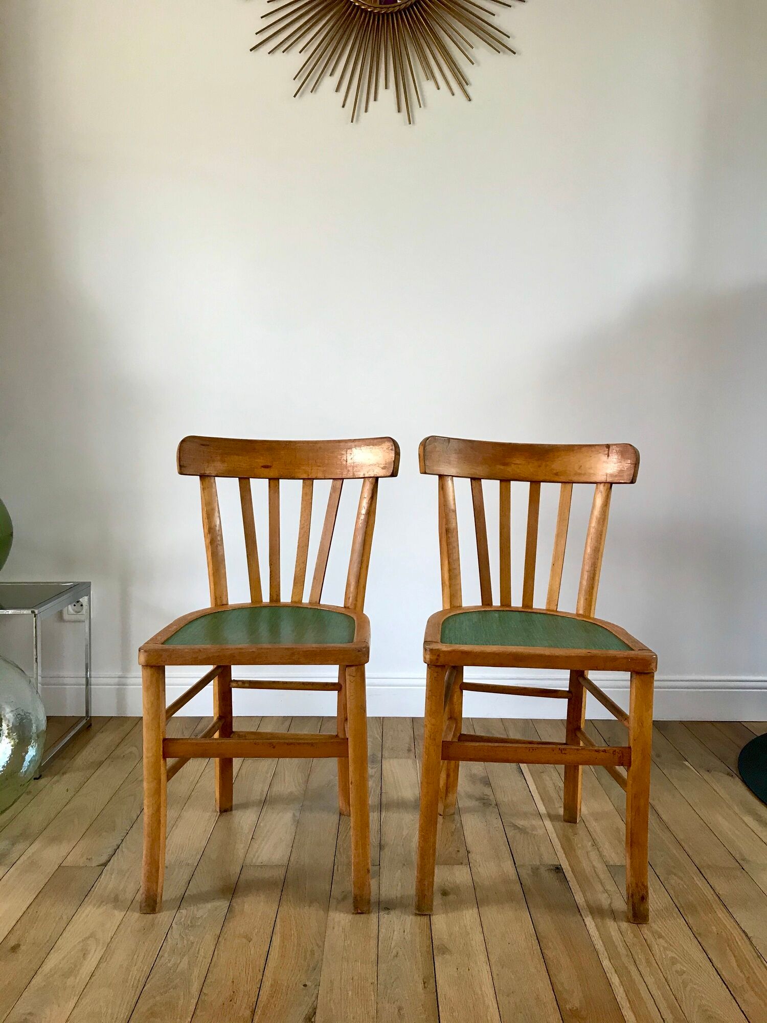 Pair of bistro chairs in light curved wood and green seat 1950s