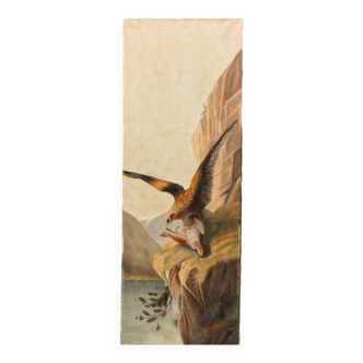 Huile sur toile, aigle et sa proie, 19ème siècle