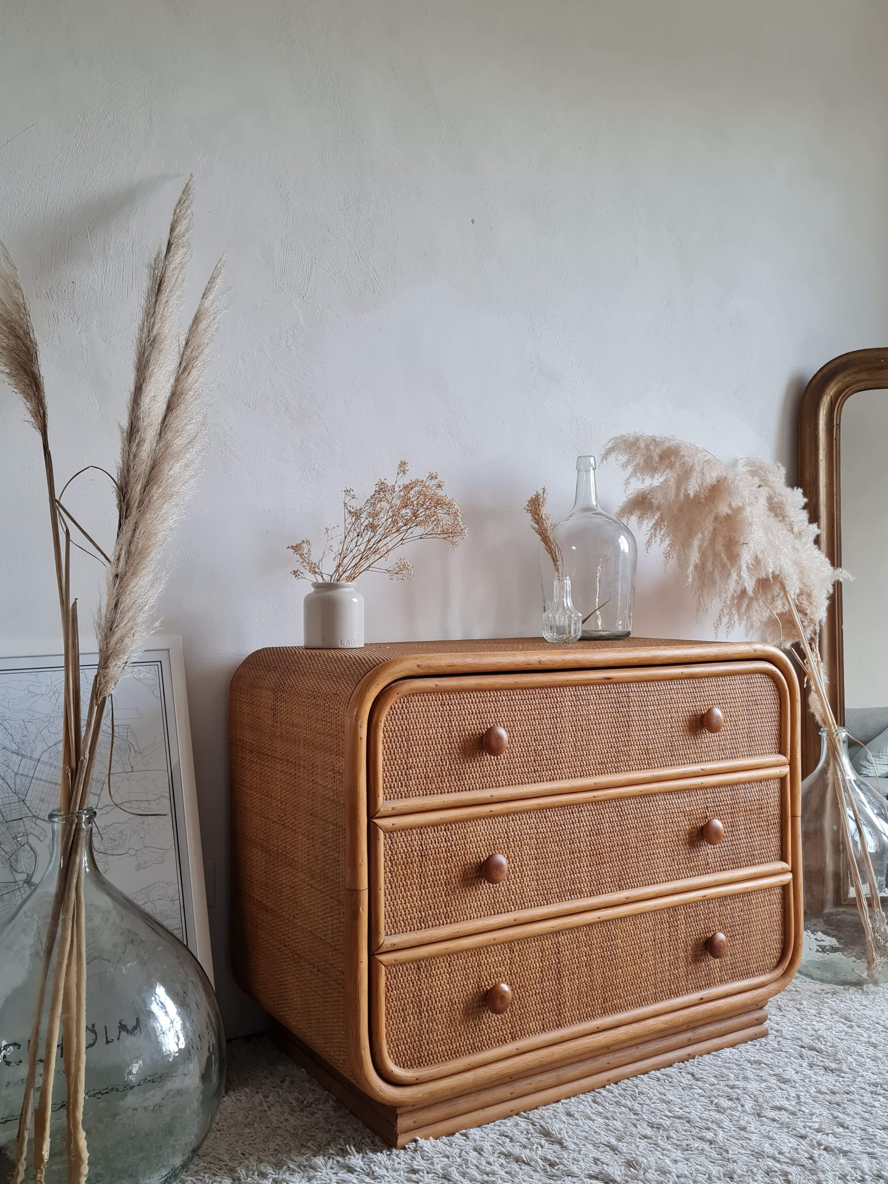 Commode en rotin vintage années 60